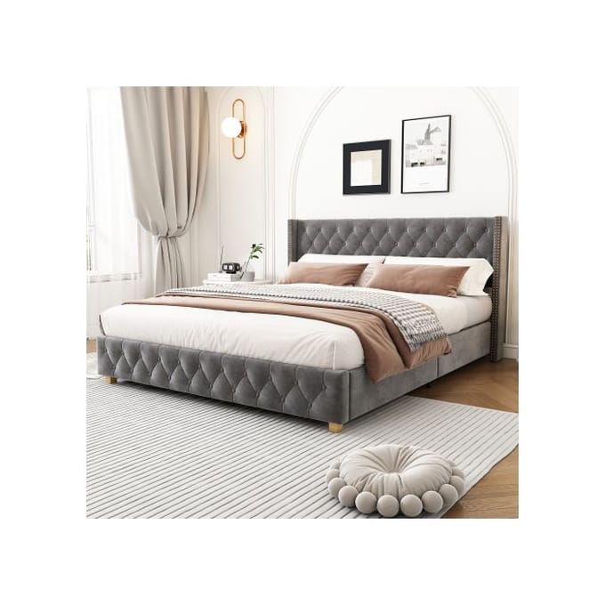 Lit capitonné - MUVOE - 160x200 cm - Tête de lit avec boutons - Velours gris - 2 places gris