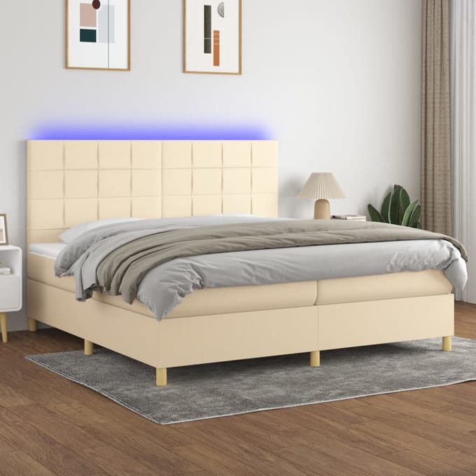 vidaXL - Boxspring - met - matras - en - LED - stof - crèmekleurig - 200x200 - cm