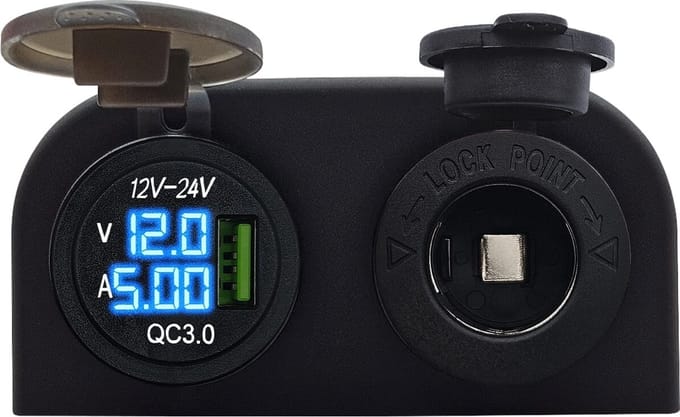 ProRide 12V USB Autolader Opbouw met Voltmeter/Ampèremeter - QC3.0 - met 12/24V Sigaretten stopcontact