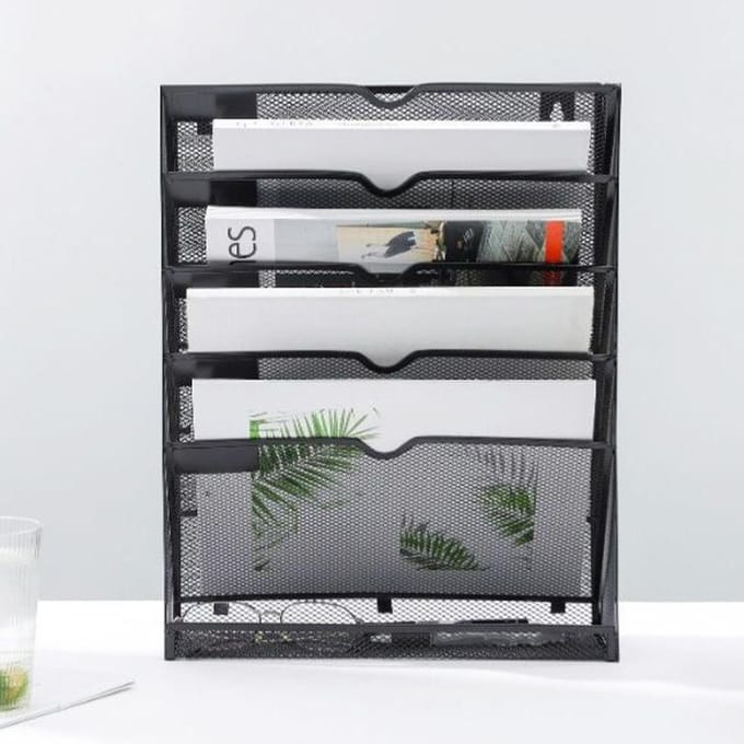5-laags Wanddocumentenorganizer Verticale Plaatsing Glanzende Randen Wandmontage Documenthouder met Ophanggat zwart