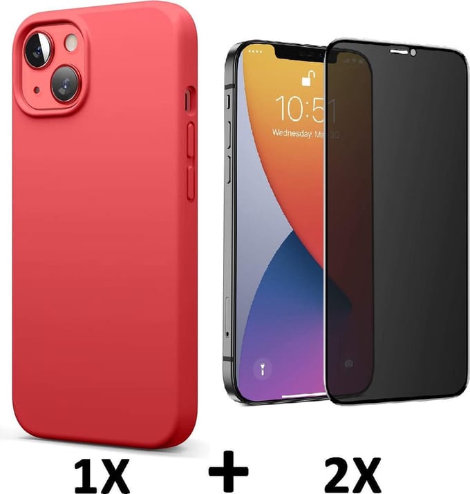 HB Hoesje Geschikt voor Apple iPhone 13 - Rood / Privacy Glazen Screenprotector - Siliconen Back Cover
