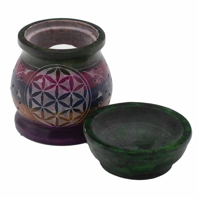 Zeepsteen oliebrander 10 cm - Bloem des Levens - Vijf kleuren