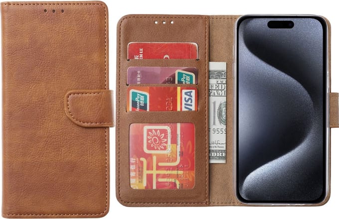 Hoesje Geschikt voor iPhone 15 Pro Max – Arara bookcase met pasjeshouder- Bruin