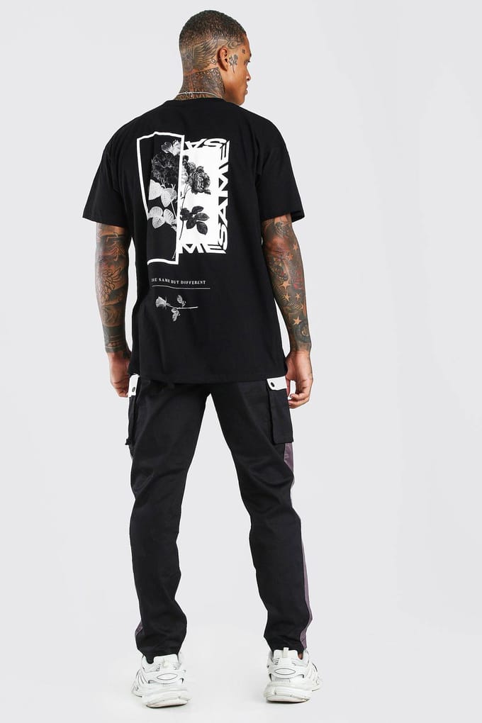 Oversized Floral Photo Back Print T-Shirt | Black | Size Medium