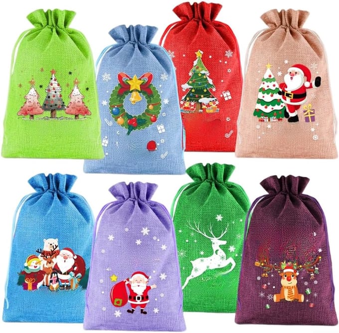 Kerst Jute Tas - Cadeauzakjes - Feestelijke Geschenken - Trekkoordsluiting - 20x30 cm - Multicolor