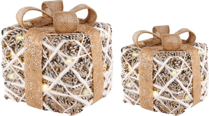 Dekoratief | Set 2 cadeautjes, goud/glitter, rotan, LED, 20x20x25cm | A225046