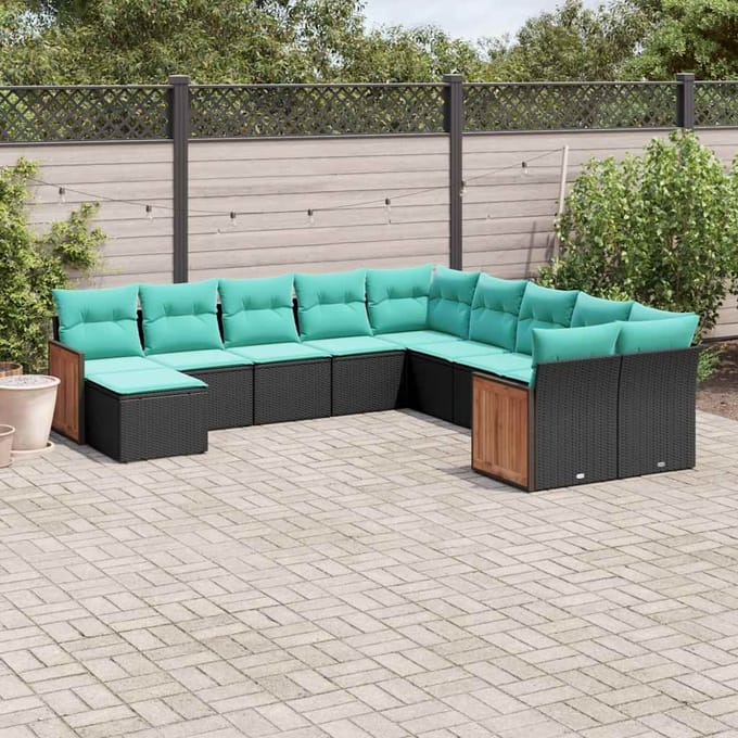 vidaXL - 11-delige - tuinbankset - met - kussens, - zwart - polyrotan