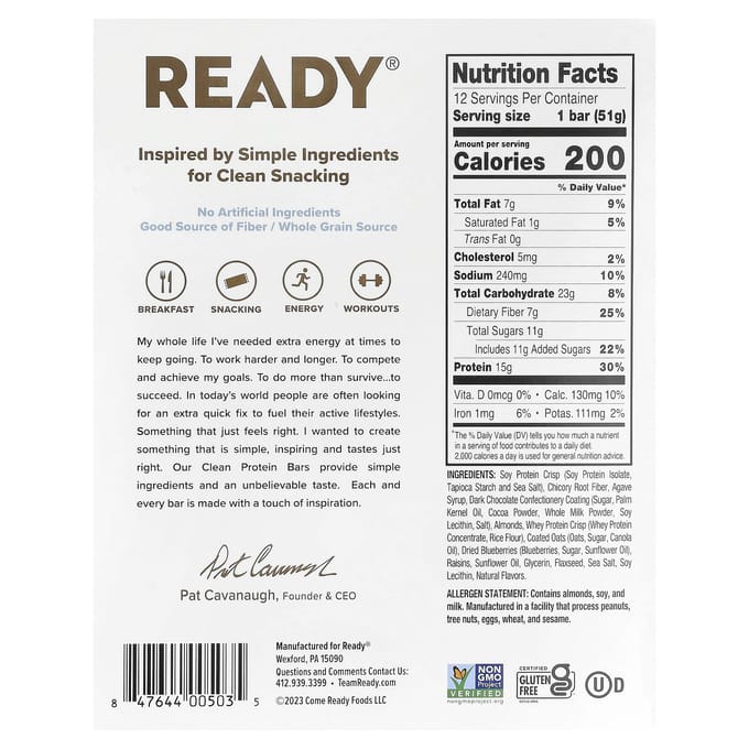 Barre Protéinée Ready, Clean, Chocolat Noir Myrtille Amande, 12 Barres, 1,8 oz (51 g) Chaque