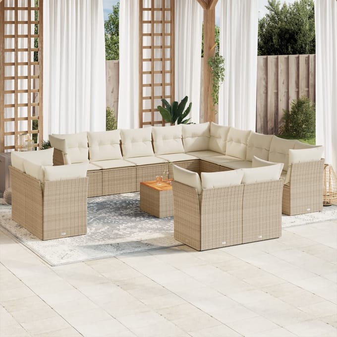 vidaXL - 14-delige - Loungeset - met - kussens - poly - rattan - beige