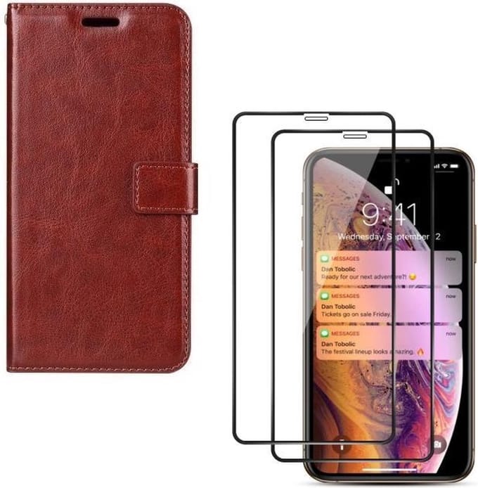 Bookcase Geschikt voor: iPhone XR - Bookcase Bruin - Portemonnee + 2X Full cover Tempered Glass Screenprotector