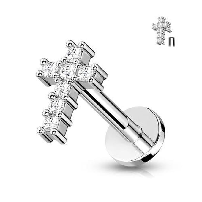 Piercing gemmed kruis 1.2x6 mm - zilver - LMPiercings