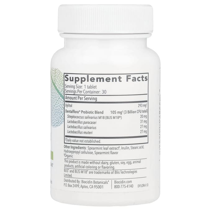 Biocidin Botanicals, Dentalflora™, probiotiques oraux quotidiens, 30 comprimés à la menthe
