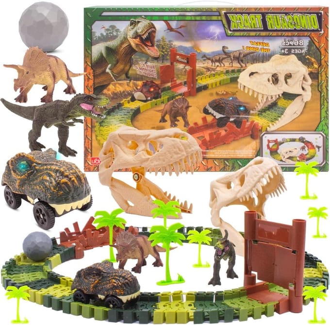 Dino Racebaan - Speelgoedbaan - Uren Speelplezier - 86 Delige Set - 129 cm Lang - Multicolor