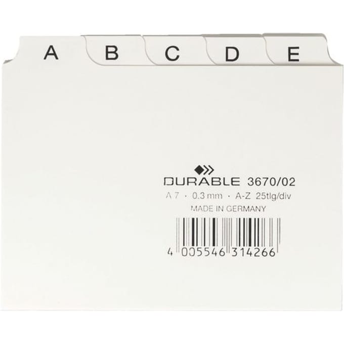 DURABLE tabkaarten, A7, letters A-Z, kunststof, wit