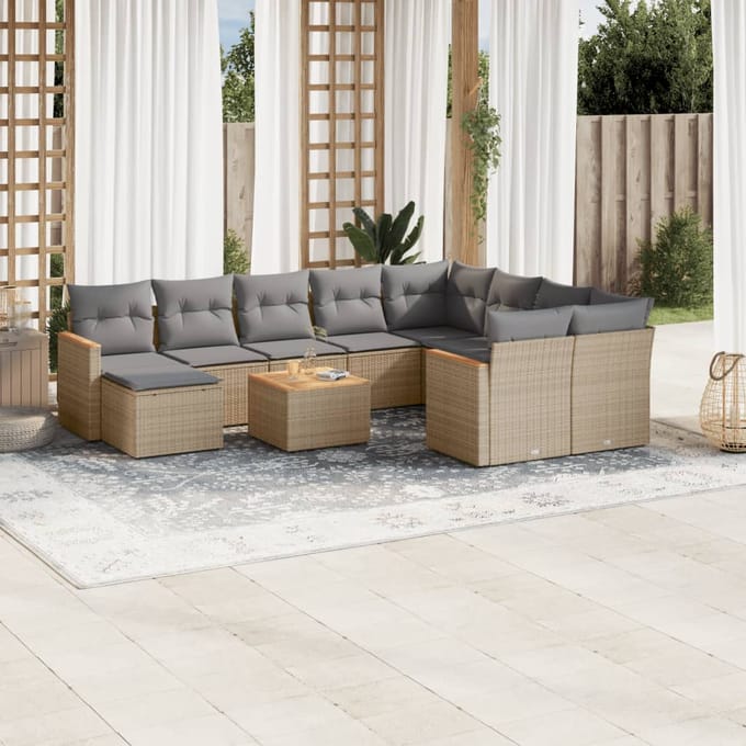 vidaXL - 11-delige - Tuinset - met - kussens - poly - rattan - beige