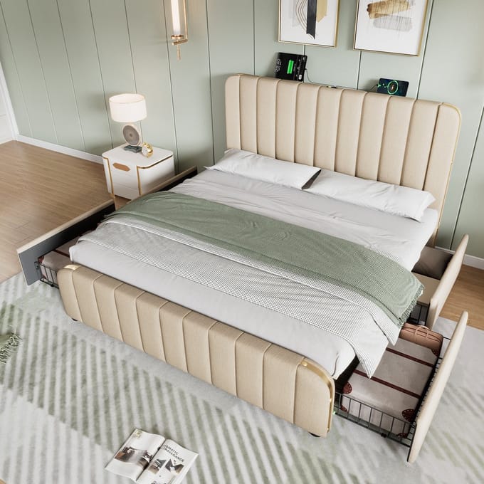 MODFU Bedframe 140x200 cm – beige linnen – met goudaccenten, 4 lades en USB/Type-C