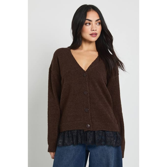 boohoo Dames Gebreid Vest met Kant Zoom | Chocolate | Maat: Medium