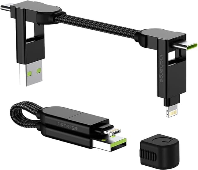 Rolling Square inCharge X 6-in-1 Oplaadkabel 9 cm - USB-C, Micro-USB & Lightning Kabel voor iPhone, iPad, Android & Laptop - 60W Snelladen & Data Transfer - Zwart