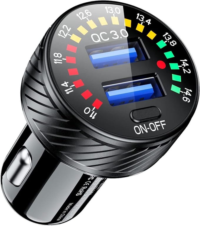 Autolader sigarettenaansteker, dubbele poort, QC3.0, USB, snellader, 36 W/3 A, met voltmeter en schakelaar