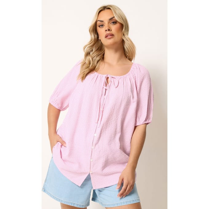 Yours Roze Gestreepte Top Met Strik Aan De Hals Size 50-52