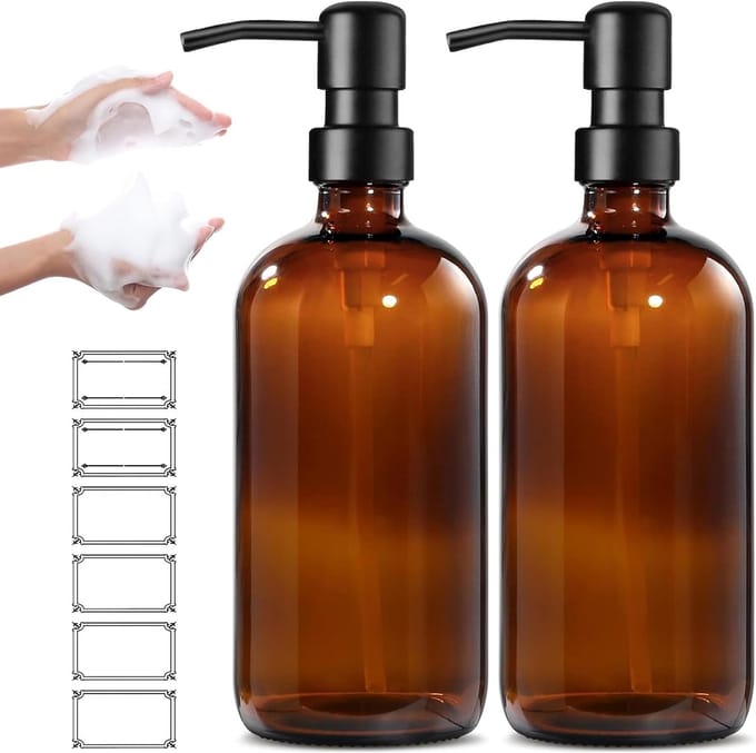 Famanu – Glazen zeepdispensers 500 ml met pomp – Set van 2 – Bruin glas
