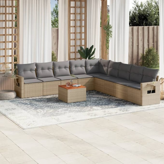 vidaXL - 10-delige - Loungeset - met - kussens - poly - rattan - beige