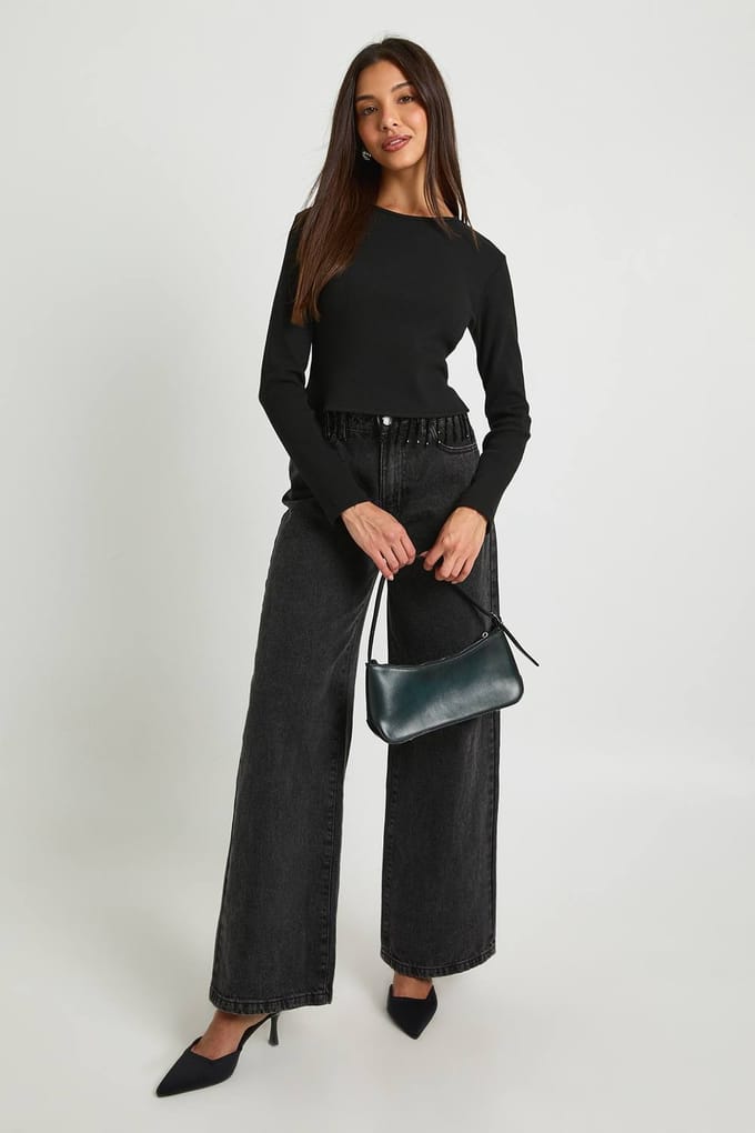 boohoo Dames Glinsterende afwerking lange mouwen geribde top | Black | Maat: 14