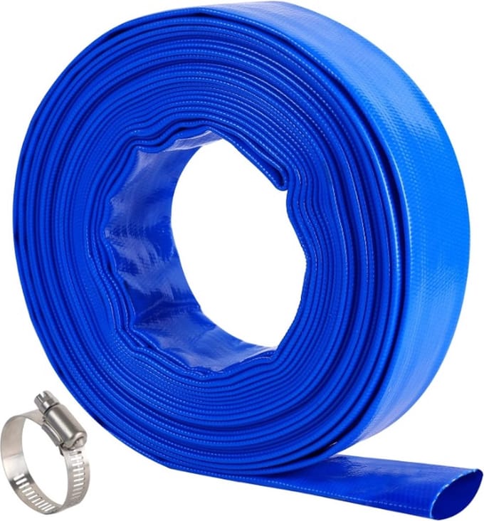 Platte waterslang voor dompelpompen - 25mm (=1 ") - Rol 10 meter - 1 slangklem