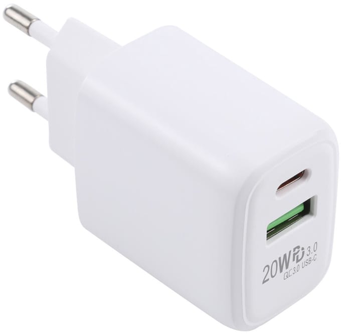 20W Snellader - USB-C PD 3.0 + USB QC 3.0 Dual Port Oplader Adapter - Compacte lader - wit