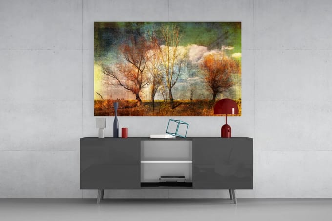 Glasschilderij - Einde van de Zomer - Landschap in de Herfst - 90x60x0.4 cm