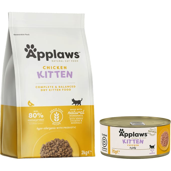 Applaws Gemengd Probeerpakket: Droog- & Natvoer in Voordeelset - 2 kg Kitten droogvoer + 6 x 156 g Kippenborst & Kaas