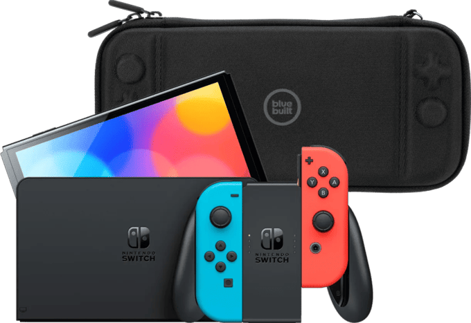Nintendo Switch OLED Blauw/Rood + BlueBuilt Beschermhoes