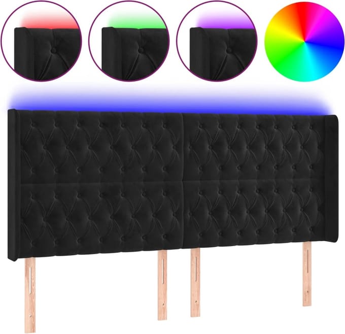 vidaXL - Hoofdbord - LED - 183x16x118/128 - cm - fluweel - zwart