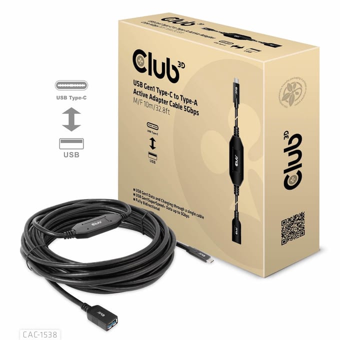 Club 3D Actieve USB-C®-naar-A-adapterkabel 5 Gbps (mannelijk/vrouwelijk) 10 m/32,8 ft