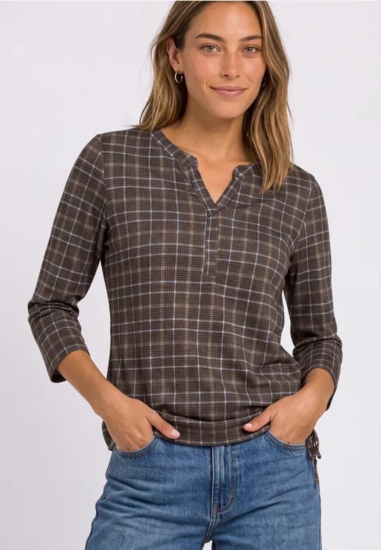 Shirt met 3/4-mouwen, split in de hals en print