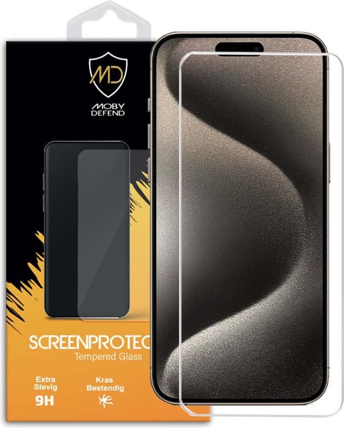 MobyDefend Screenprotector - Geschikt voor iPhone 15 Pro Max - Case-Friendly Screensaver - Gehard Glas