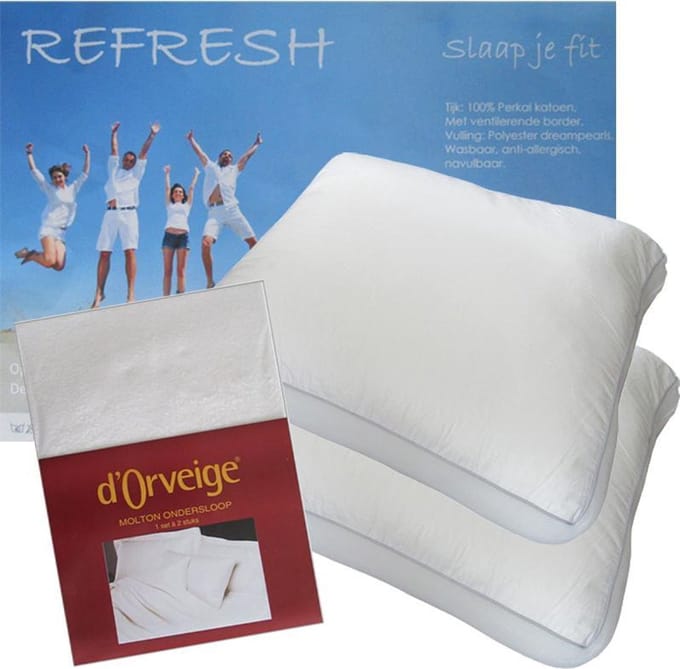 Refresh Hoofdkussen Set (2 Kussens + 2 Moltonslopen) - Dreampearls - 50x60x10 cm - Wit