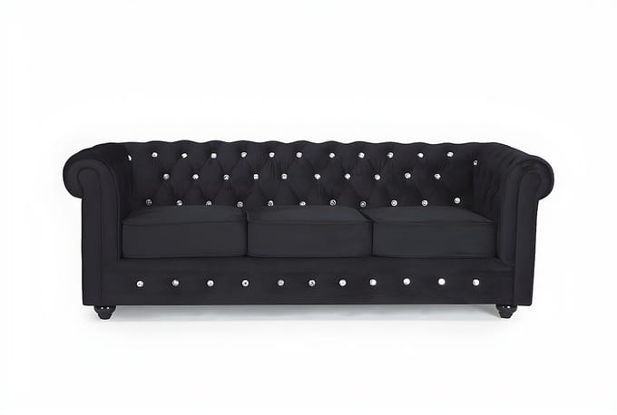 Vente-unique Driezitsbank CHESTERFIELD - velours - zwart met kristallen knopen