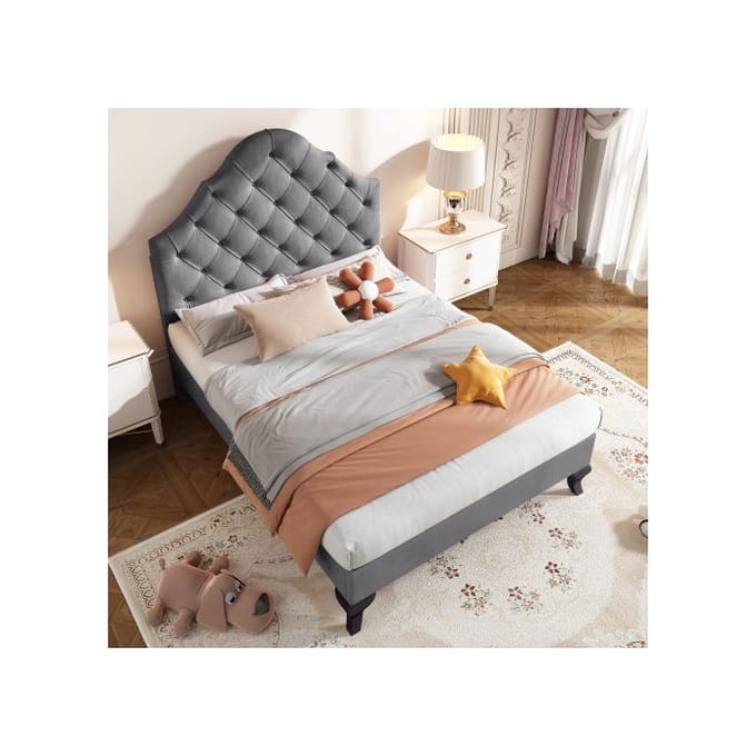 Gestoffeerd bed - MUVOE - 90x200 cm - Grijs fluweel - Verstelbaar hoofdbord - Lattenbodem grijs