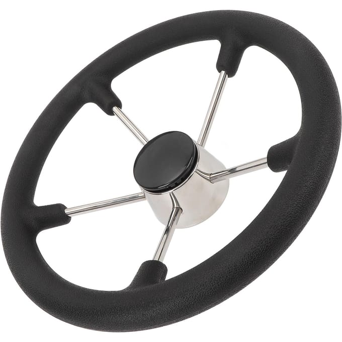 Volant de Bateau 5 Branches Acier Inoxydable Volant Marin avec Poignée en Mousse PU et Cache-moyeu pour Yachts gray