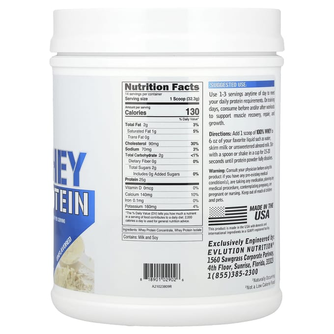 EVLution Nutrition, 100% Protéine de Whey, Non Aromatisée, 1 lb (454 g)