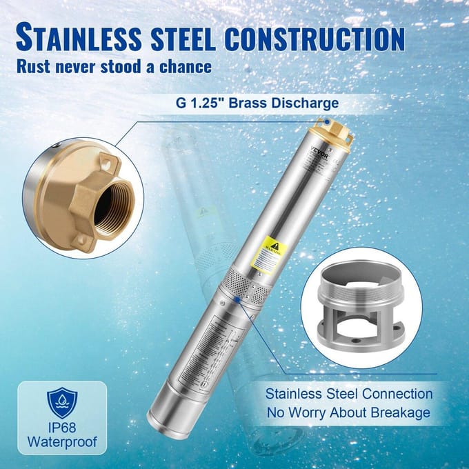 Pompe Submersible pour Puits Profond, 750W 230V/50Hz, 100L/min 66 m de Charge Résistante au Sable
