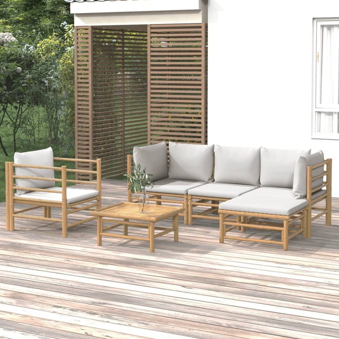 vidaXL - 6-delige - Loungeset - met - kussens - bamboe - lichtgrijs