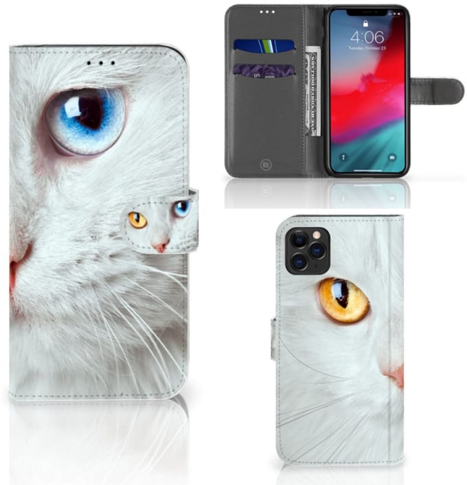 Apple iPhone 11 Pro Max Telefoonhoesje met Pasjes Witte Kat
