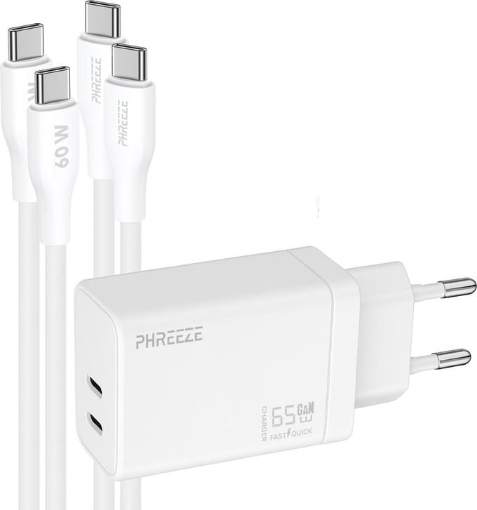 Phreeze usb C adapter 65 W voor laptop en tablet - GaN Power Delivery oplader met 2 usb C kabels 1m