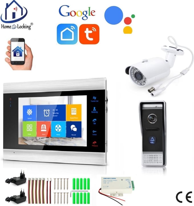 WIFI videofoon/intercom met 1 deurbel camera + 1 binnen paneel/scherm + camera en kan werken met spraak gestuurde apps. T-2101VC