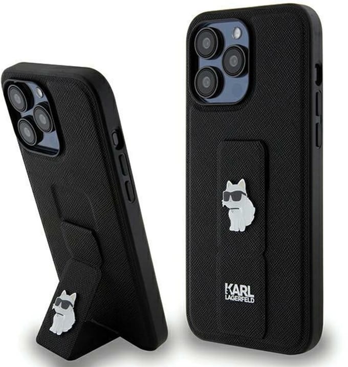 Karl Lagerfeld Gripstand Saffiano Choupette Pins case for iPhone 13 Pro Max - black