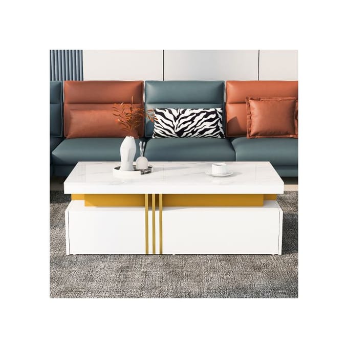 Table basse moderne rectangulaire, brillante, avec 2 tiroirs en bois, plateau en marbre, 100*50*40 cm