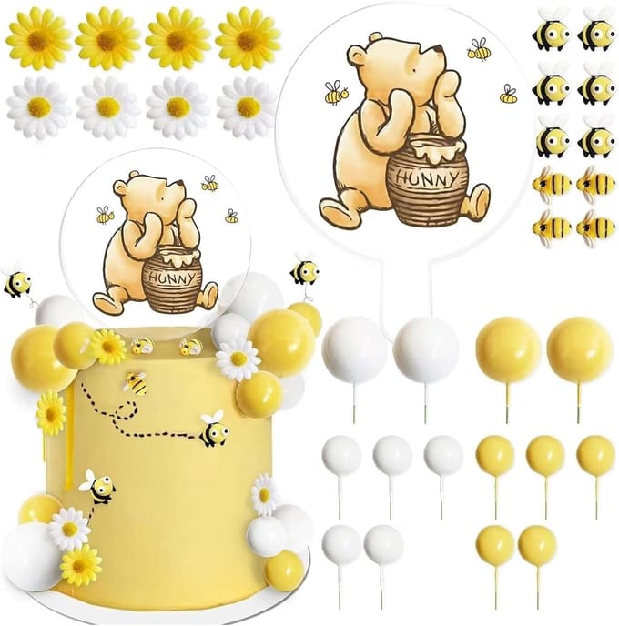 Taartdecoratieset Beer & Bij - 33-delig - Geel-Wit