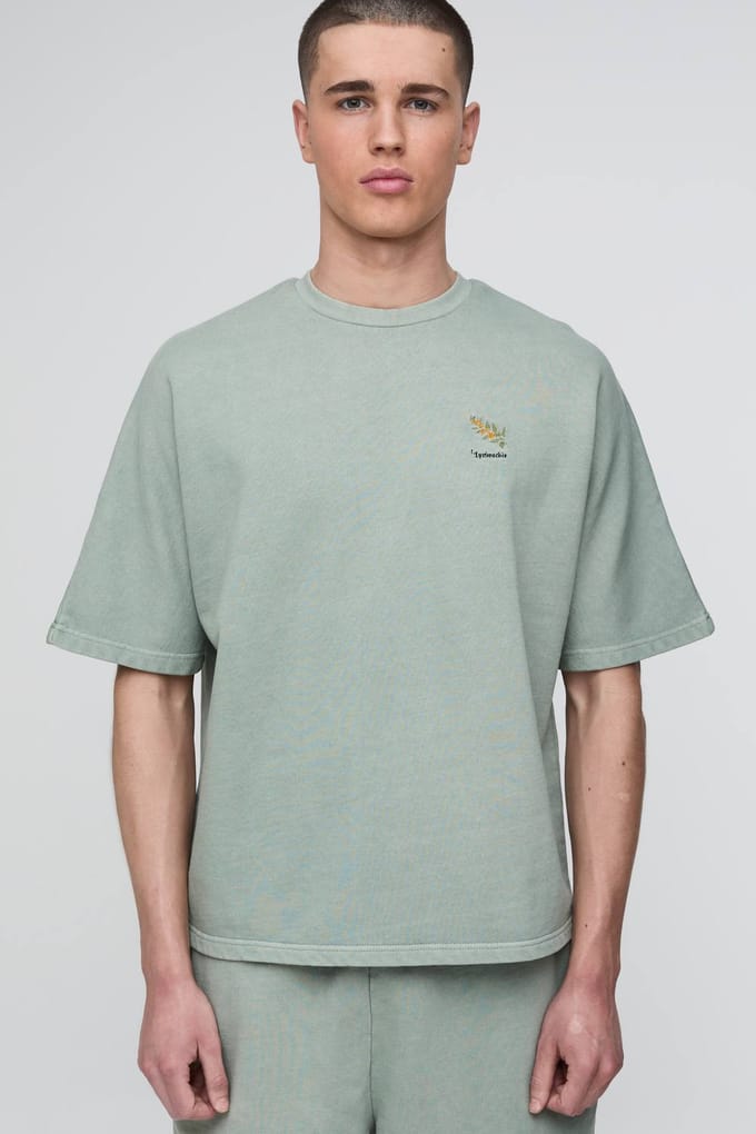 Oversized Gewassen Geborduurd Boxy T-shirt | Forest | Size Large